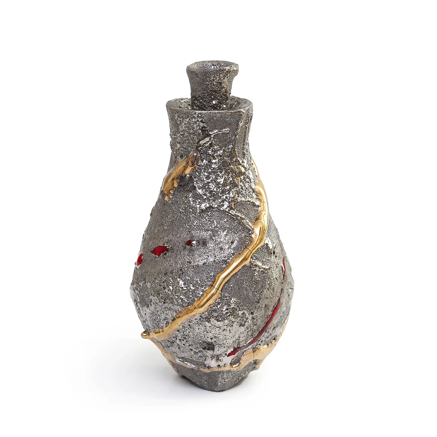Toro Ichikawa - Silver and Gold Luster Sake Bottle with Signed Box